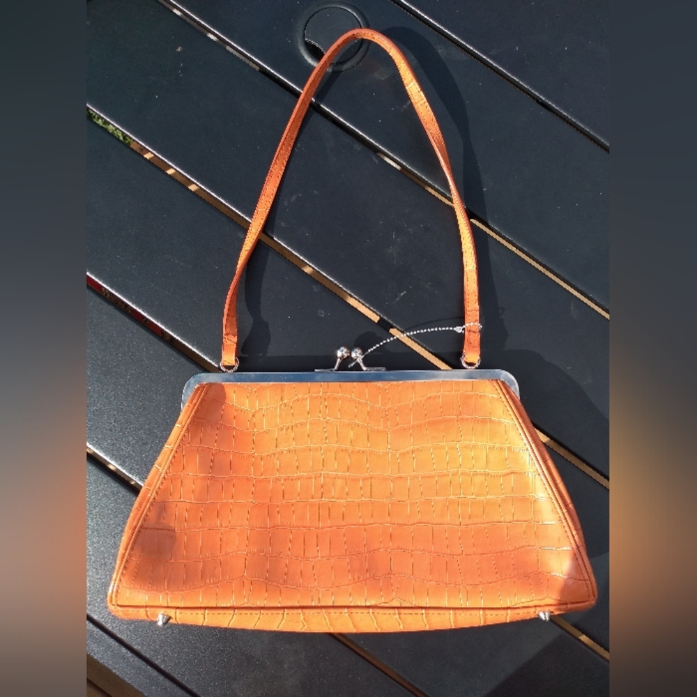 Bianca Nygard Brown-Orange Handbag, Faux Snakeskin Pattern, Kiss Lock Cl… - Picture 1 of 10